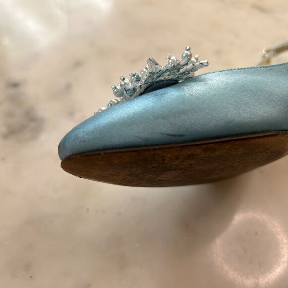 Bruno Magli Light Blue Satin Slingback Heel | Beaded Embellished Pointed Toe 8 B - Picture 9 of 12
